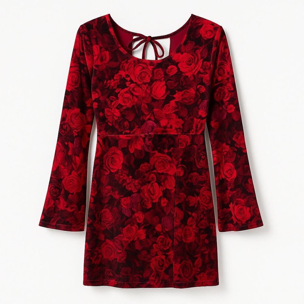 Chelsea & Violet Velvet Floral Mini Dress L Red Boho Gothic Open Back Party